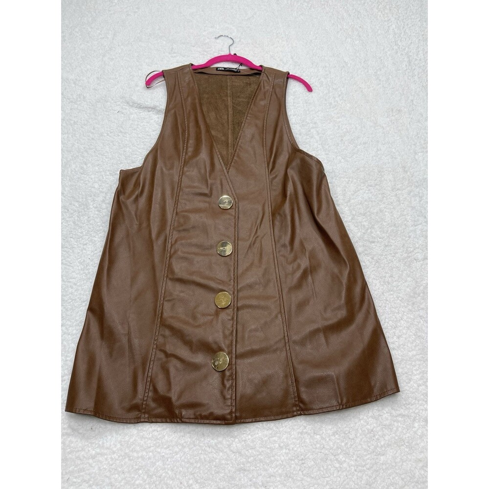 Zara Vest Women Brown Faux Leather Button Down Preppy Boho Size Small New